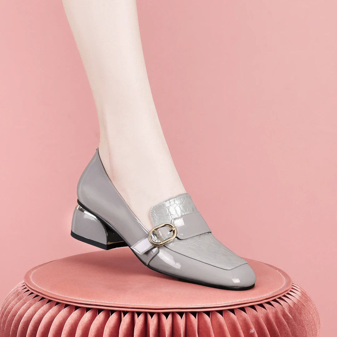 梵芮诗2024年春季方圆头新款皮带扣件百搭通勤风粗跟女单鞋-H0063