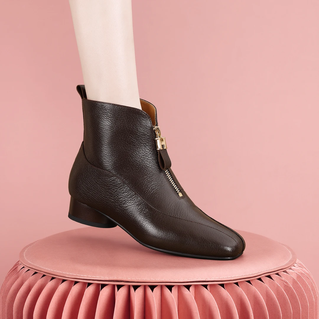 梵芮诗2024年秋冬新款舒适羊毛保暖简约百搭粗跟好穿短靴-J1104