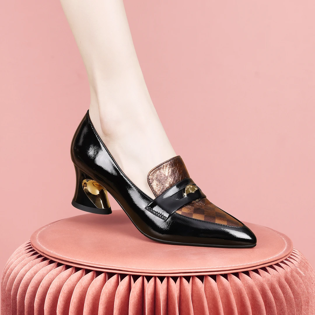 梵芮诗春季尖头皮带装饰黑棕色漆皮优雅时尚粗跟低跟单鞋-H0003