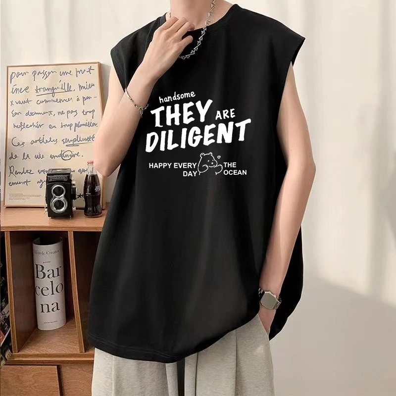 薄款纯色港风坎肩背心男士2025夏季潮流简约字母印花百搭无袖t恤
