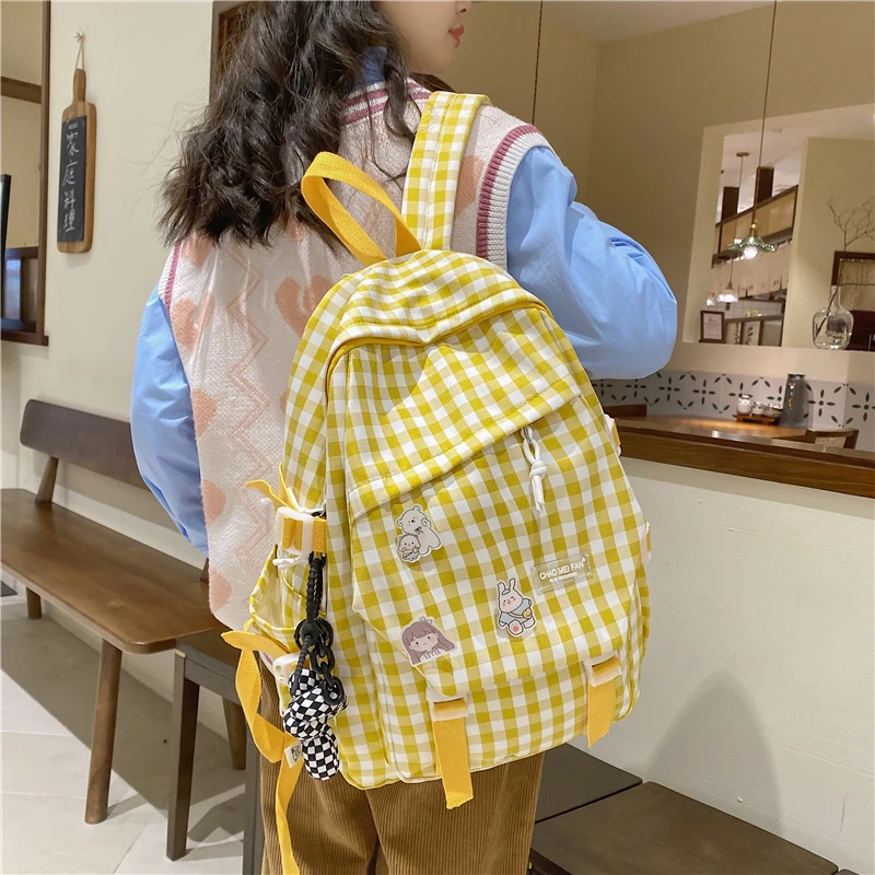 书包女ins风 日系休闲百搭通勤潮流格子双肩包大容量高中学生背包