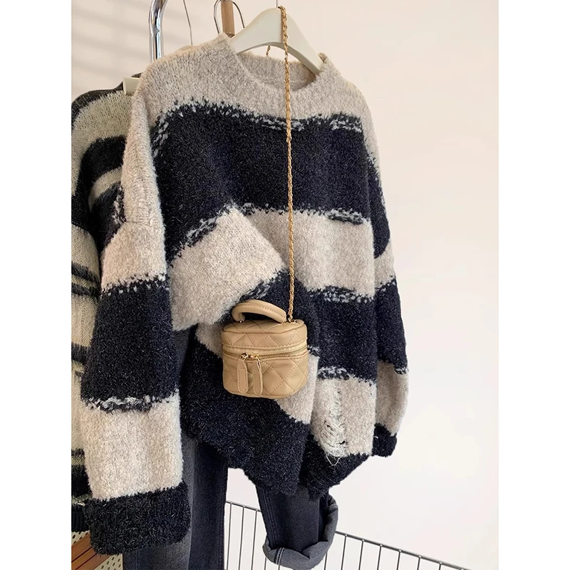 慵懒风条纹撞色针织衫女秋冬2024新款宽松外穿中长款加厚洋气上衣