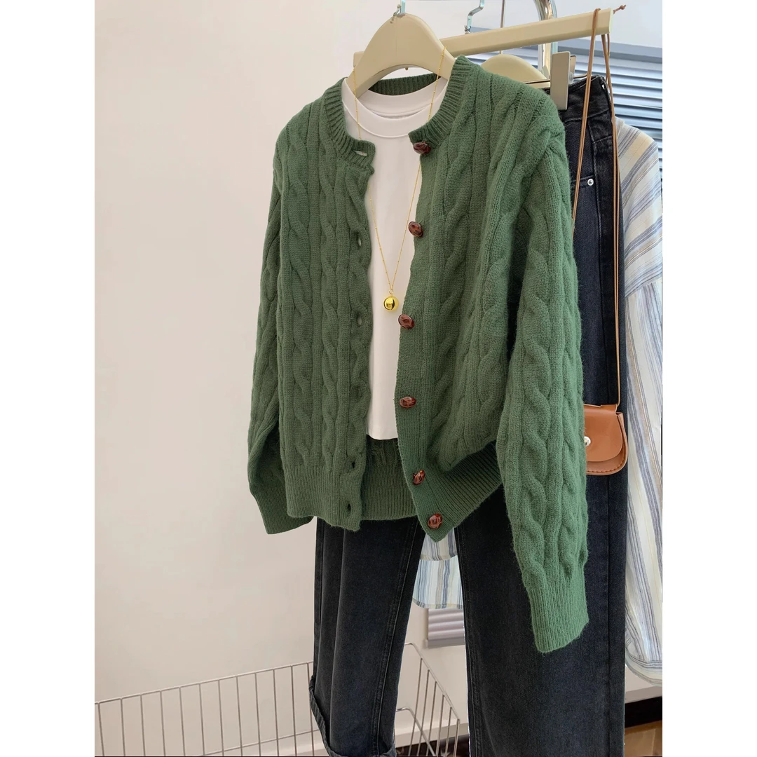 绿色麻花短款针织衫开衫女春秋季秋冬韩系慵懒风宽松上衣毛衣外套