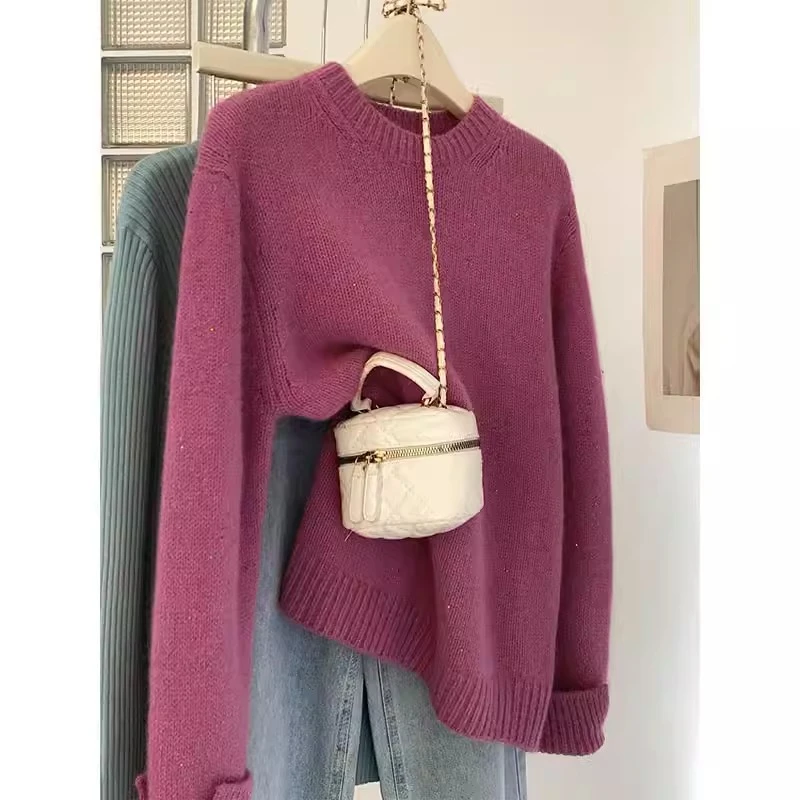 玫红色套头针织衫秋冬女装慵懒风内搭打底衫毛衣2023新款洋气上衣