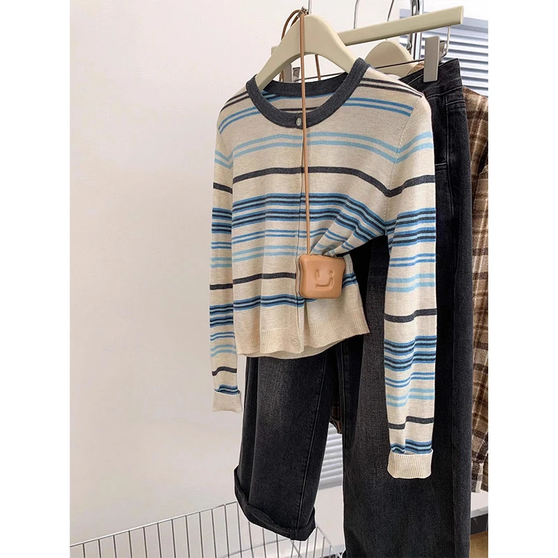 撞色条纹针织开衫女早秋春秋2024新款薄款短款毛衣外套小个子上衣