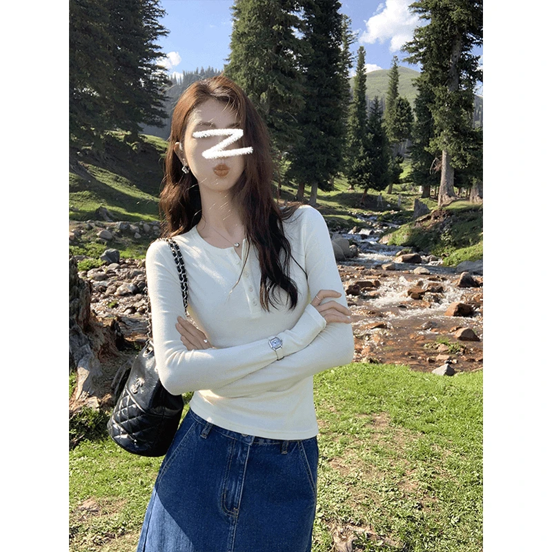 白色半开领针织衫T恤女秋季2024新款修身长袖内搭打底衫显瘦上衣