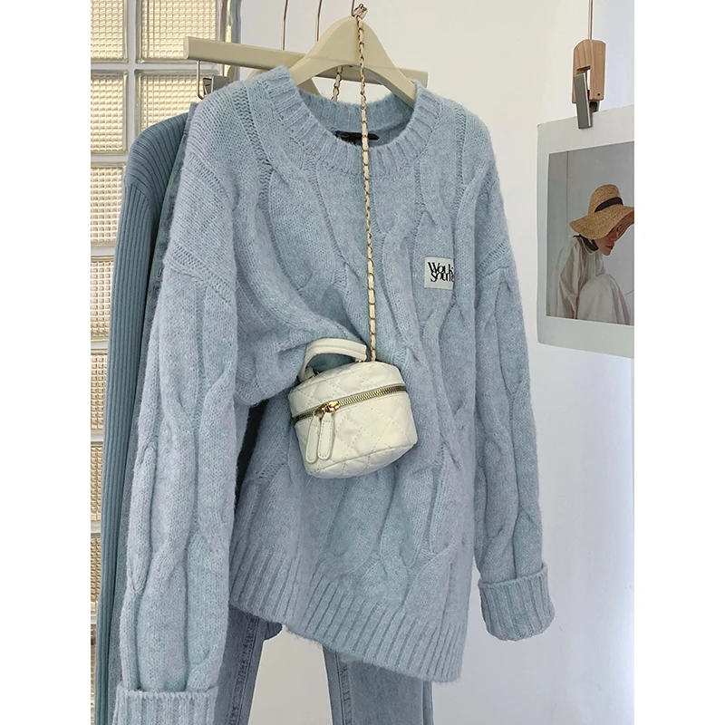 慵懒风蓝色麻花套头加厚针织衫女秋冬宽松软糯毛衣外穿中长款上衣