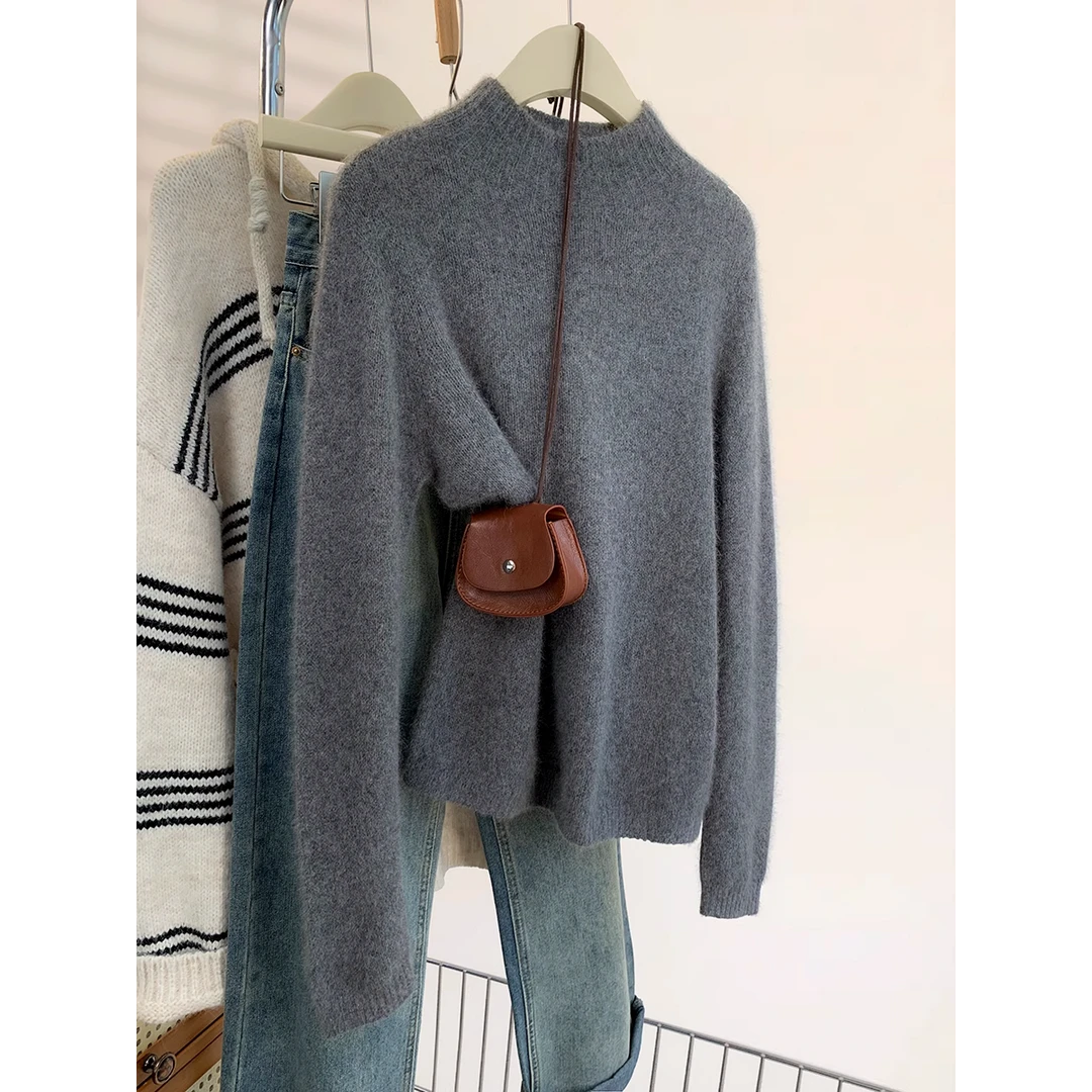 灰色套头半高领内搭毛衣女秋冬2024新款高级感显瘦针织衫长袖上衣