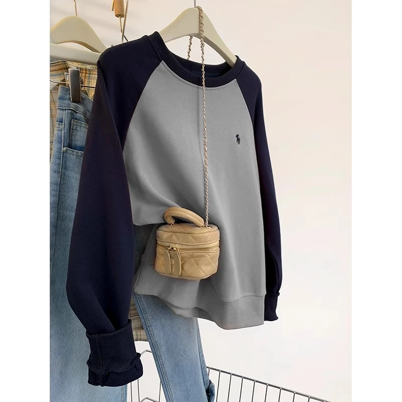 美式复古撞色插肩套头卫衣秋冬女装2023新款小个子内搭高级感上衣