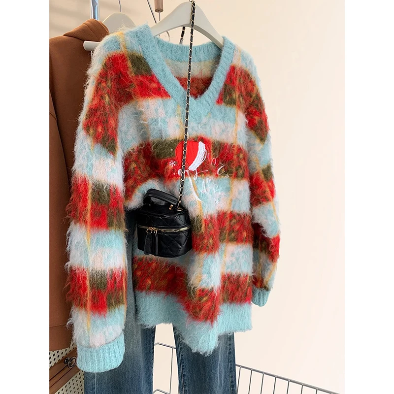 条纹撞色V领套头针织衫女秋冬季慵懒风宽松软糯毛衣外穿洋气上衣