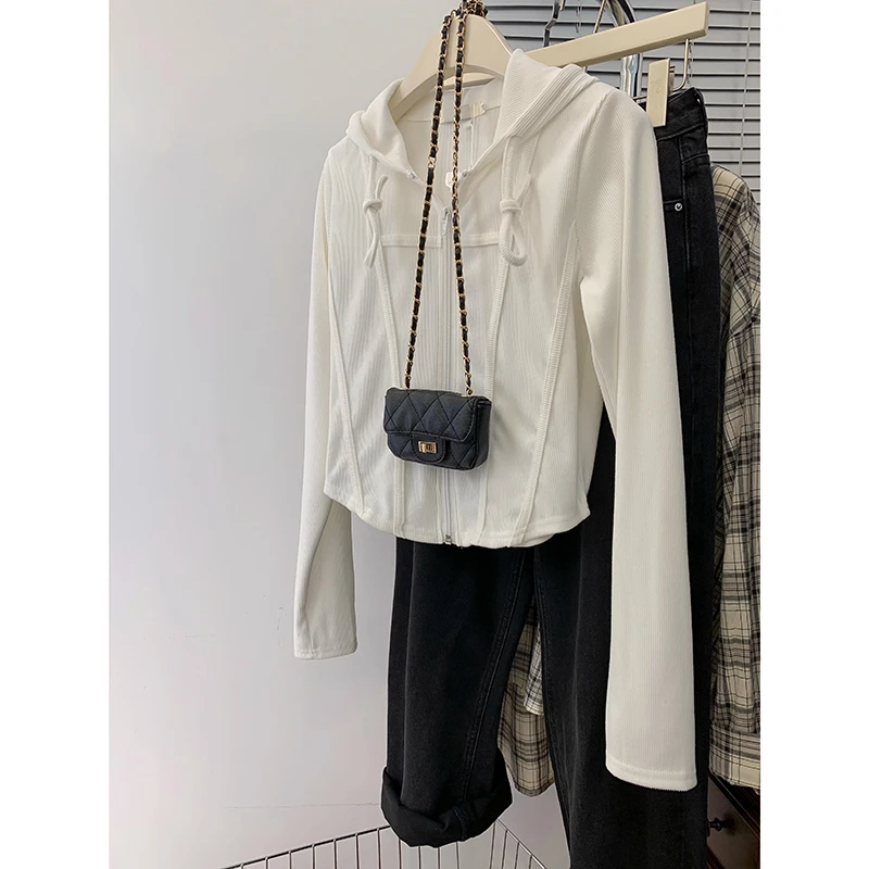 美拉德连帽拉链针织开衫外套女春秋季小个子短款正肩外搭毛衣上衣