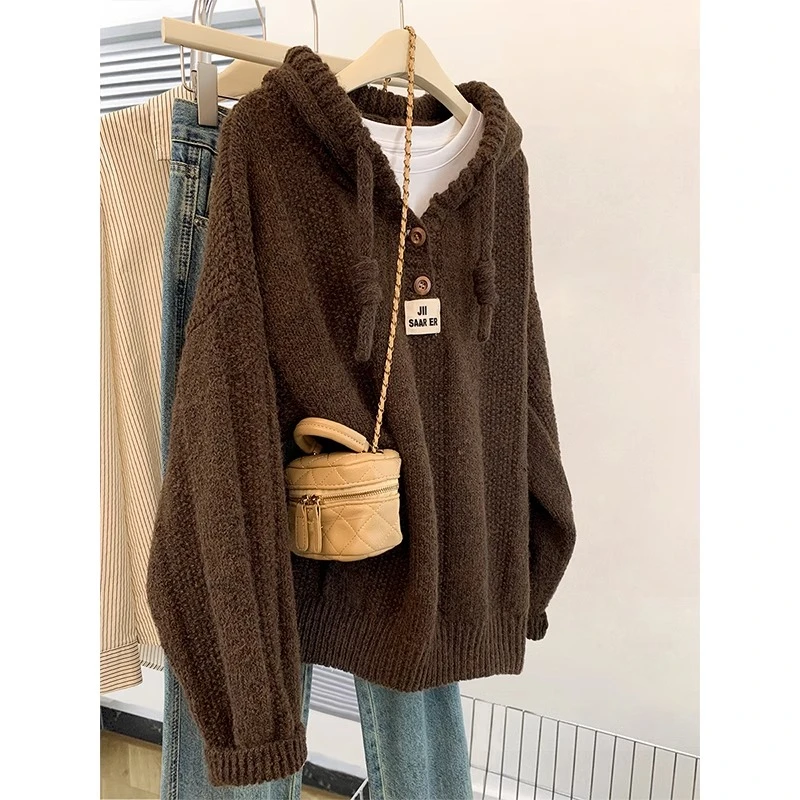 咖色连帽套头针织毛衣女秋冬冬季2024新款慵懒风外穿帽衫卫衣外套