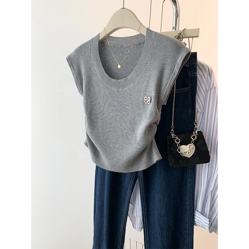 灰色u领小飞袖短袖t恤女夏季正肩冰丝薄款小个子2024新款上衣春秋
