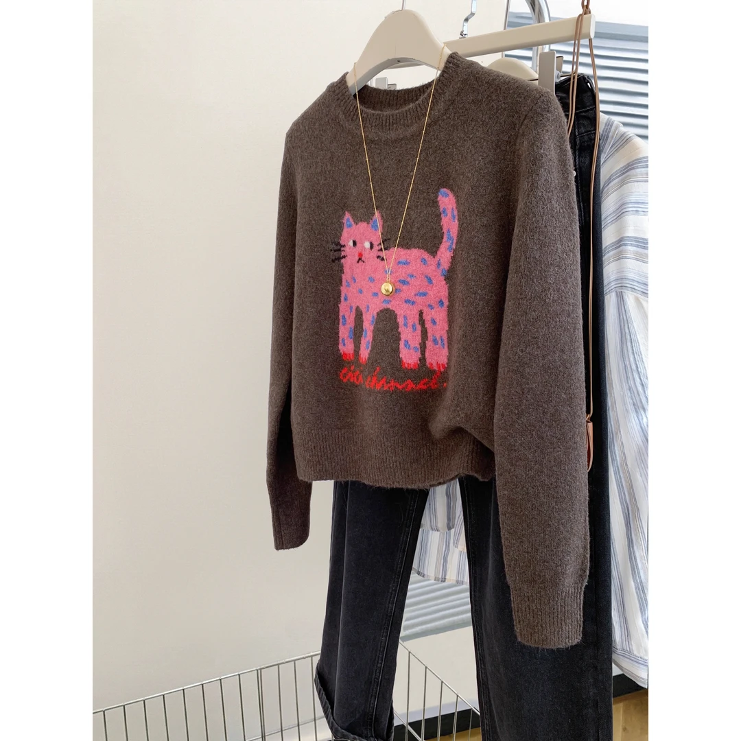 咖色美拉德正肩套头毛衣女2024冬内搭打底短款小个子显瘦针织上衣