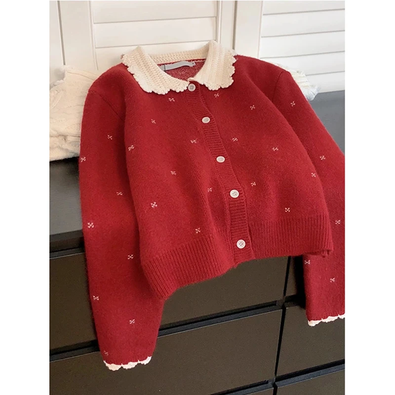 新年红色娃娃领针织开衫女秋冬季高级感加厚外搭毛衣欧货洋气上衣
