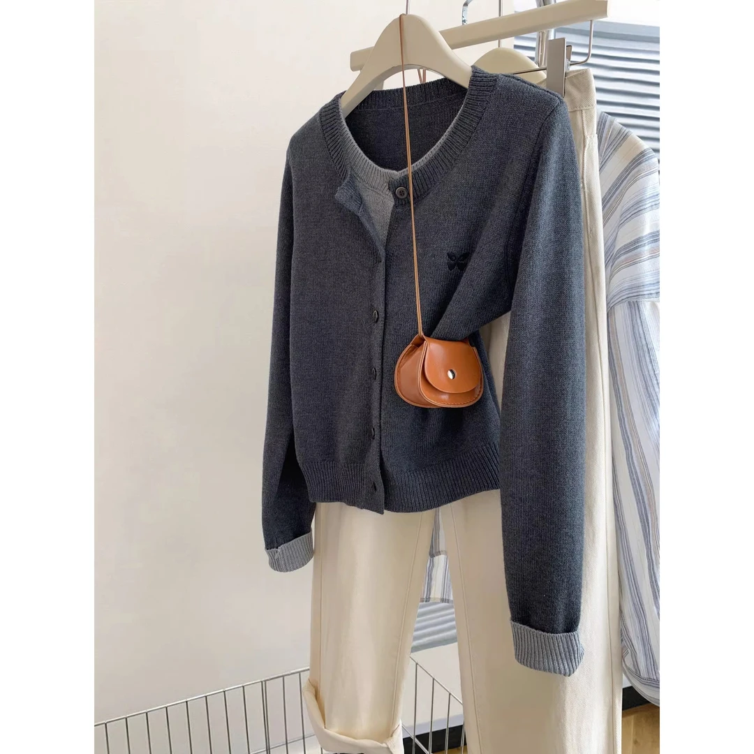 深灰色假两件针织衫女秋冬季法式毛衣针织开衫外套高级感长袖上衣