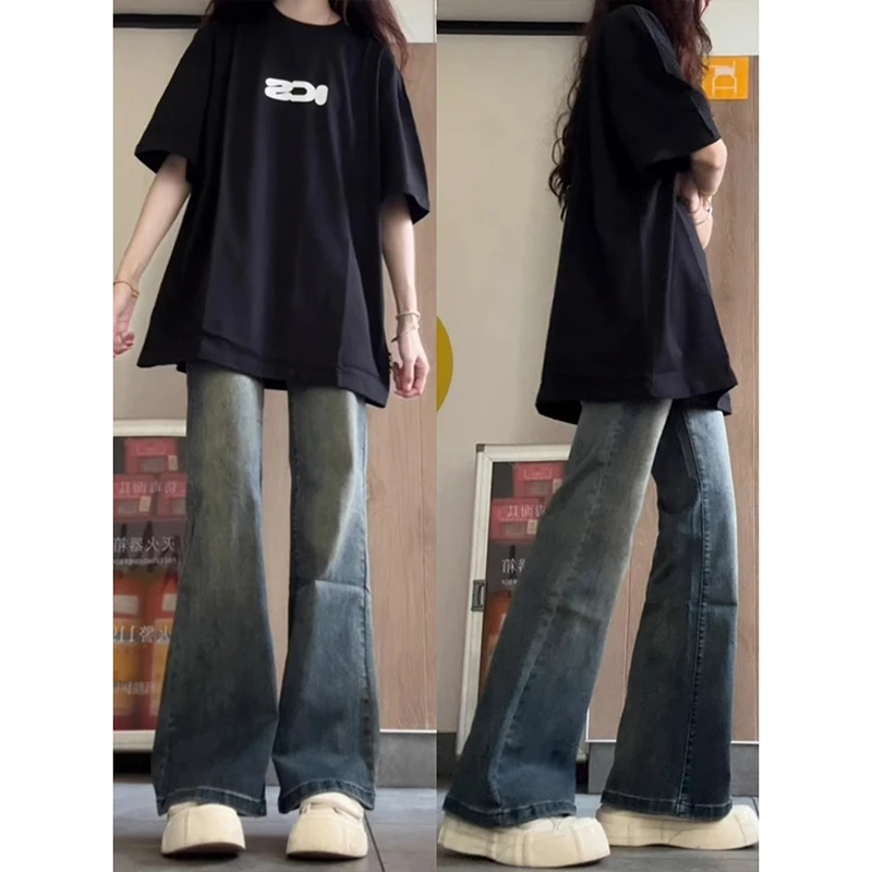 美式复古加长微喇叭牛仔裤女秋季新款高个子直筒显瘦窄版阔腿裤子