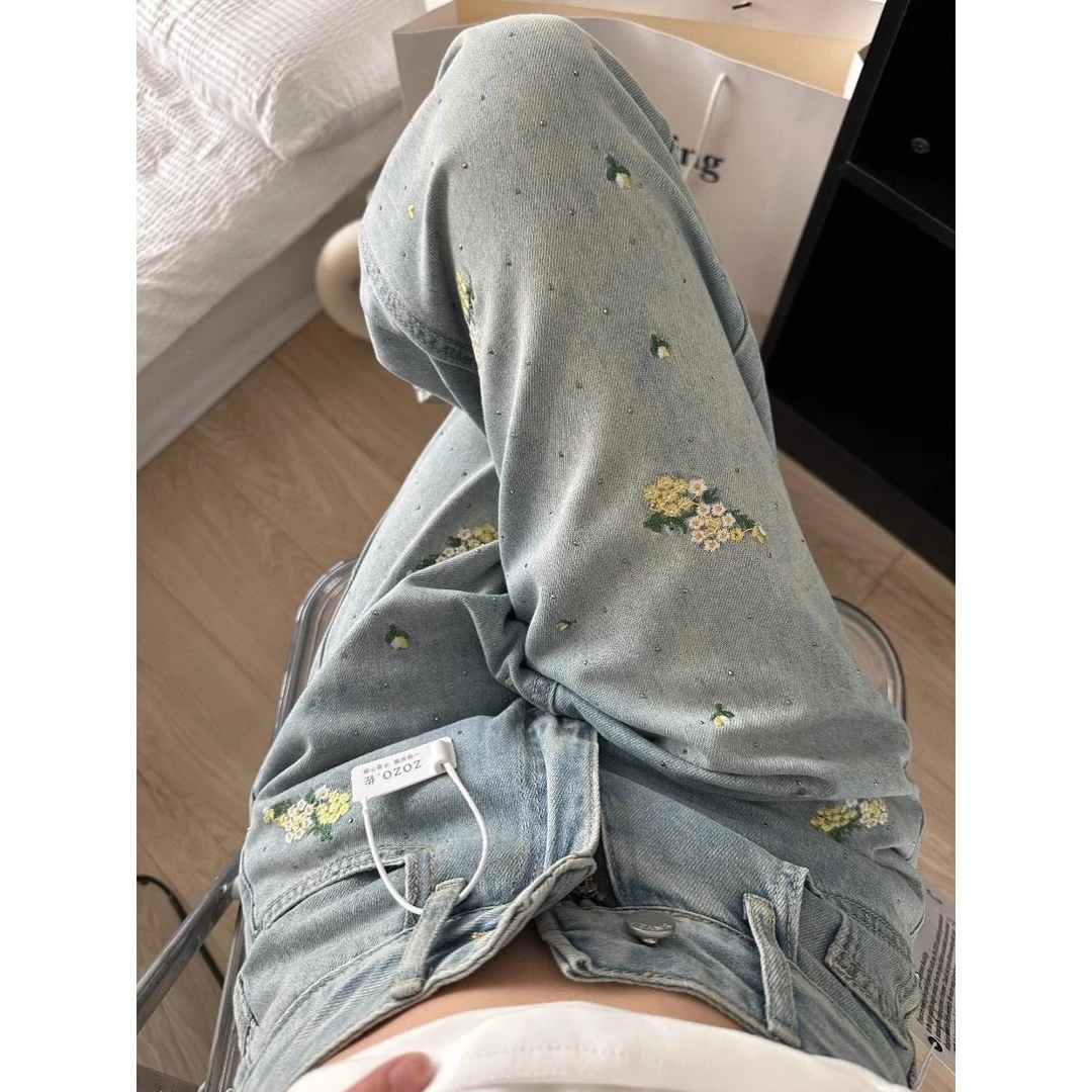 高个子加长花朵刺绣烫钻高腰宽松显瘦阔腿牛仔裤女