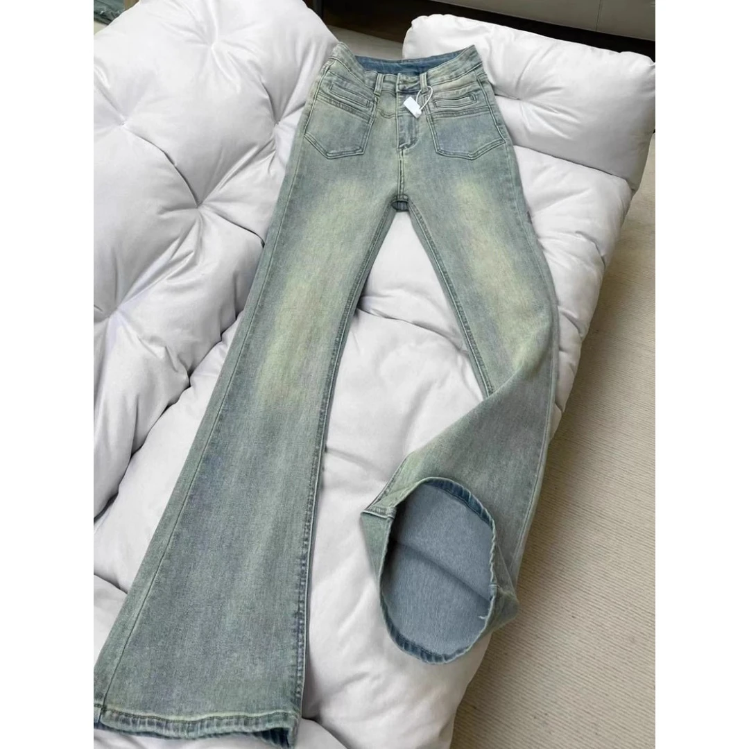 设计感浅色微喇叭牛仔裤女夏季新款高腰弹力显瘦高个子加长马蹄裤