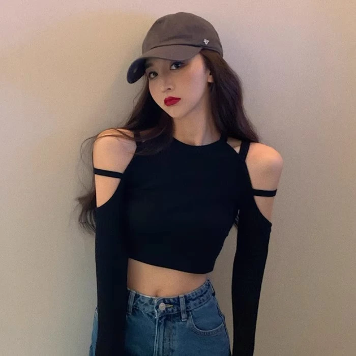 欧美辣妹风性感复古小众设计感露肩露脐短款T恤女别致爵士上衣秋