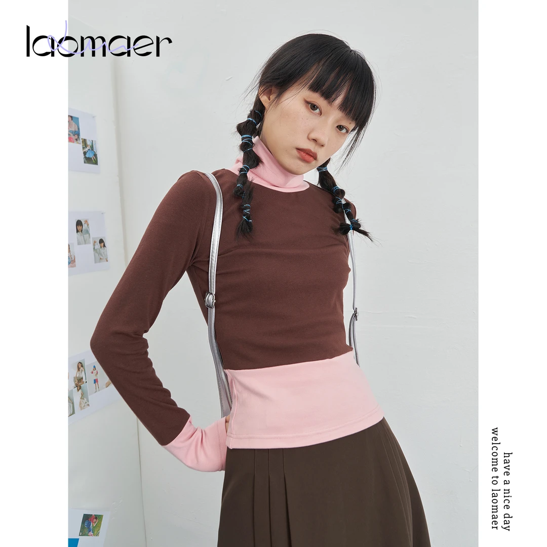 老玛儿秋季高领修身显瘦打底上衣2024年新款拼色百搭长袖内搭T恤