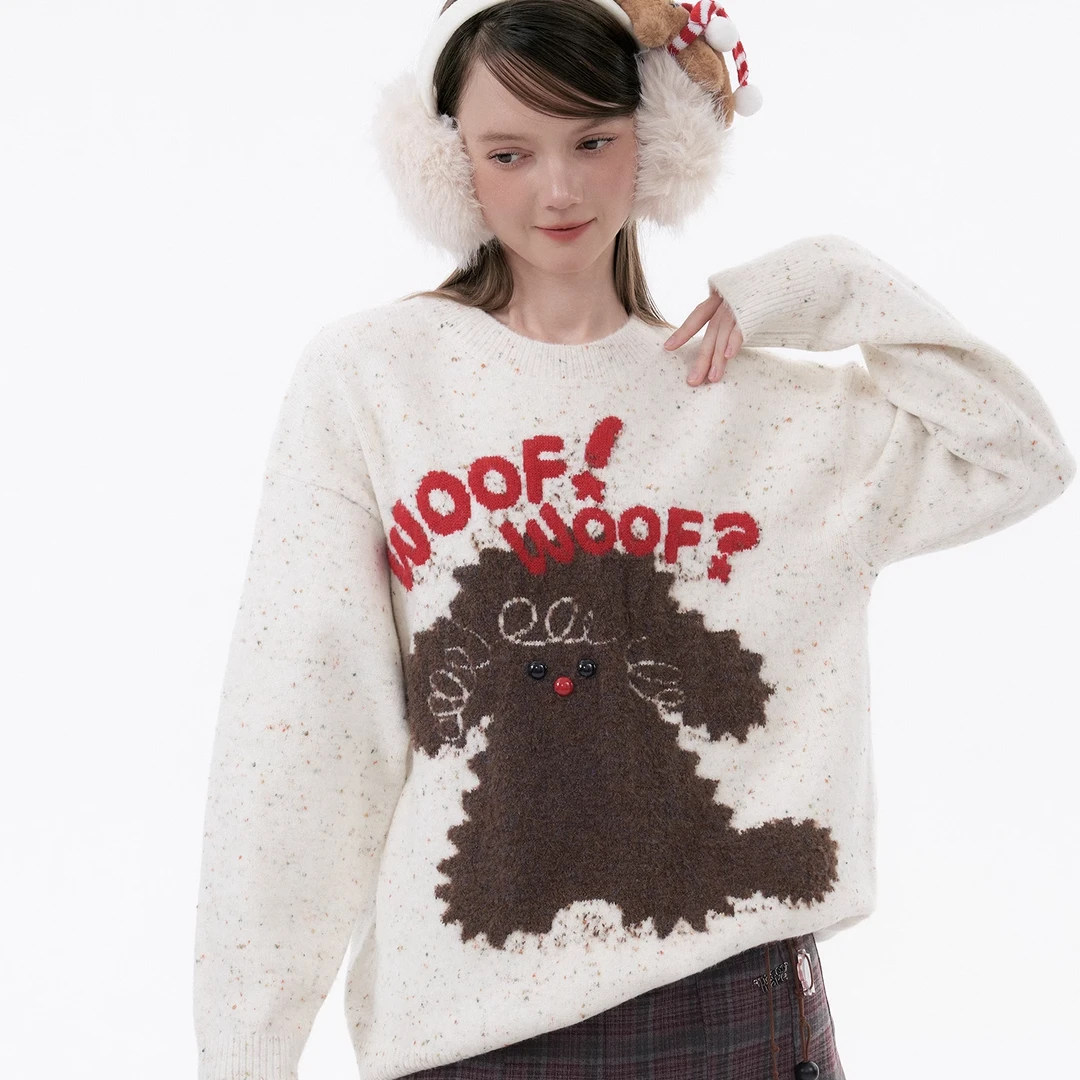 玛速主义冬季百搭可爱小狗毛衣女2025新款圆领休闲上衣宽松针织衫