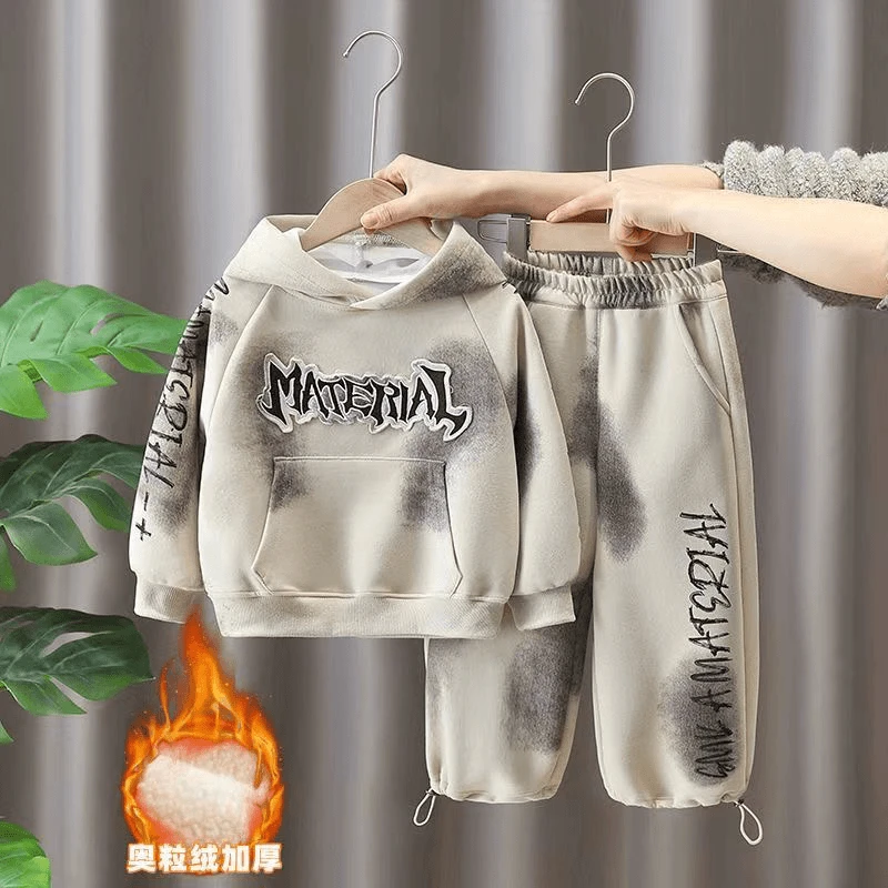 男童秋冬款连帽卫衣套装加绒儿童两件套休闲帅气宽松时尚潮酷套装