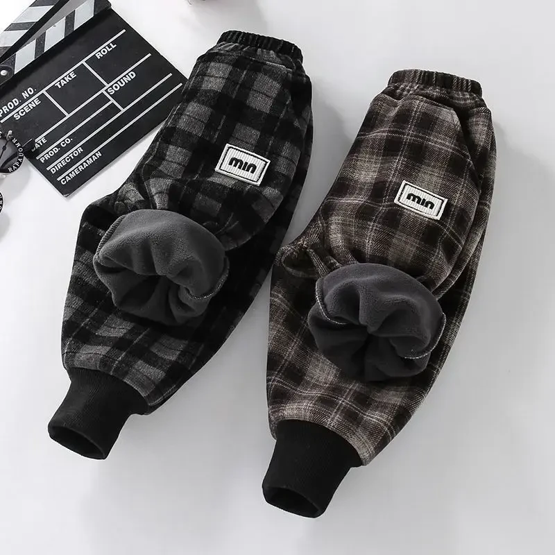 男宝加绒裤儿童裤子冬季加绒格子新款长裤男童男童2025帅气套装