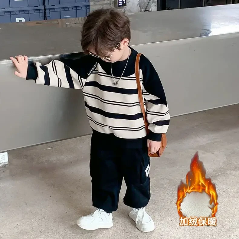 男童冬装儿童时尚帅气潮流两件套2024新款一体绒痞帅卫衣长裤套装