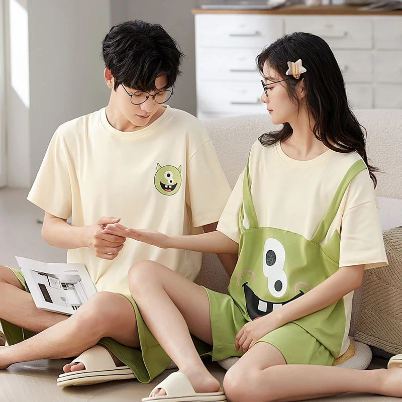 情侣睡衣夏季短袖短裤纯棉薄款女夏天韩版宽松大码男士家居服套装