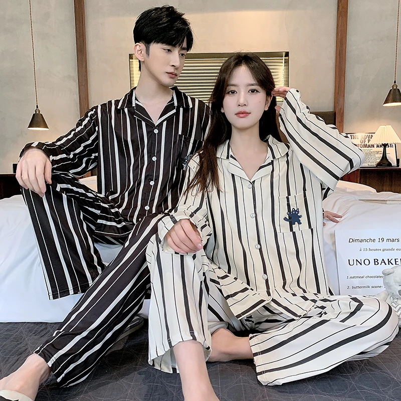 条纹睡衣女春秋长袖休闲仿棉韩版情侣宽松大码简约男士家居服套装