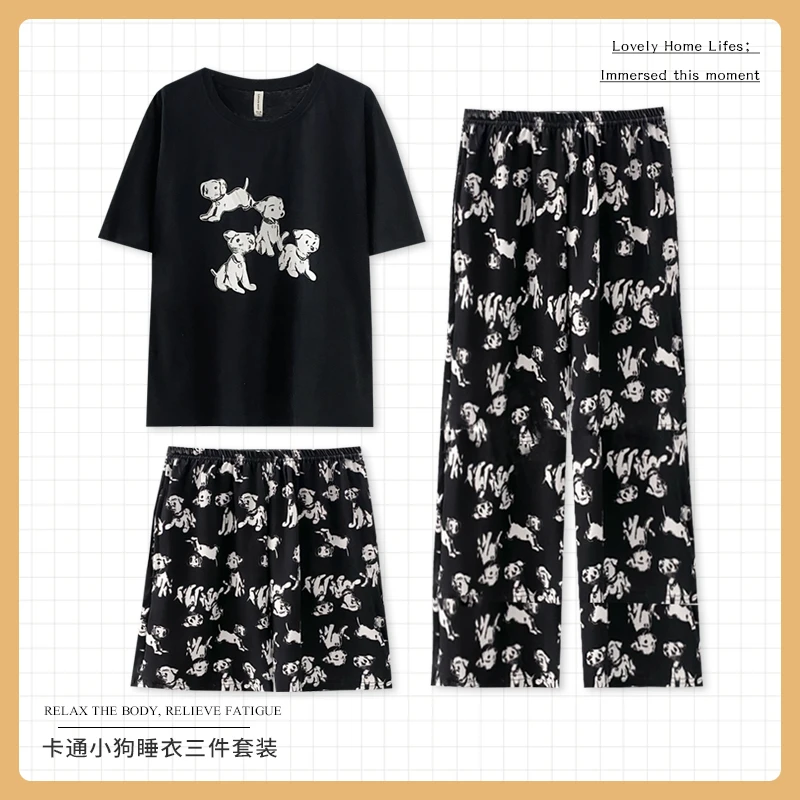 小狗睡衣情侣款夏季短袖棉质三件套家居服男女套装宽松大码200斤