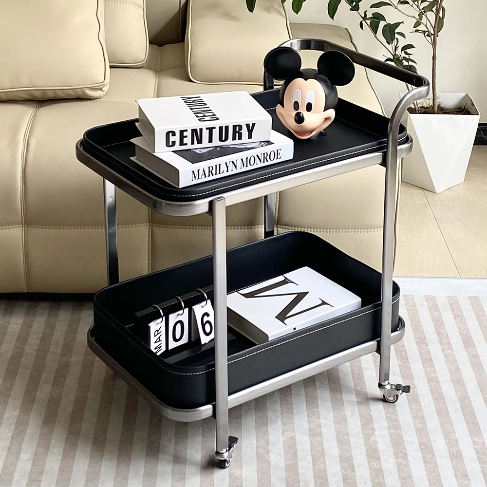 轻奢马鞍皮移动沙发边几小推车落地客厅家用角几床头柜带轮可移动