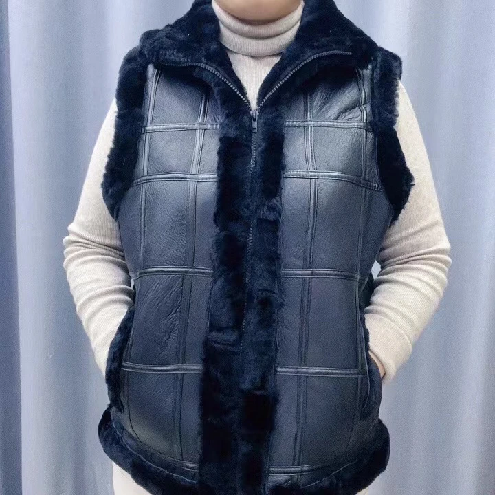 2024年羊皮毛一体秋冬时尚百搭抗风保暖男士女士《压条拼接款》马甲