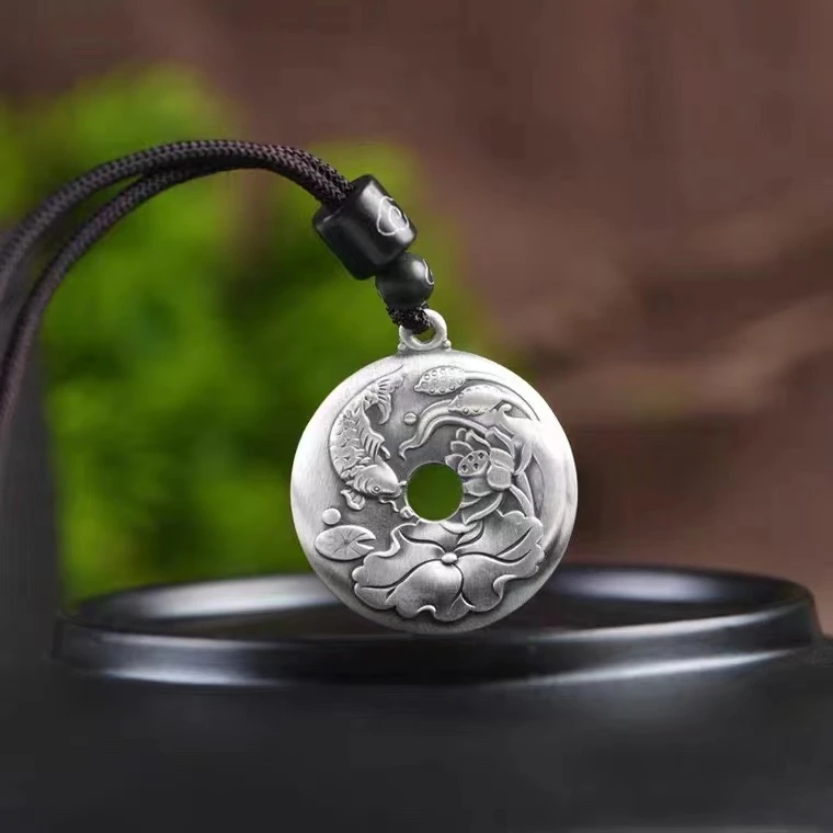 吊坠足银 【淼淼银饰】足银999复古做旧荷花鱼平安扣民族风吊坠