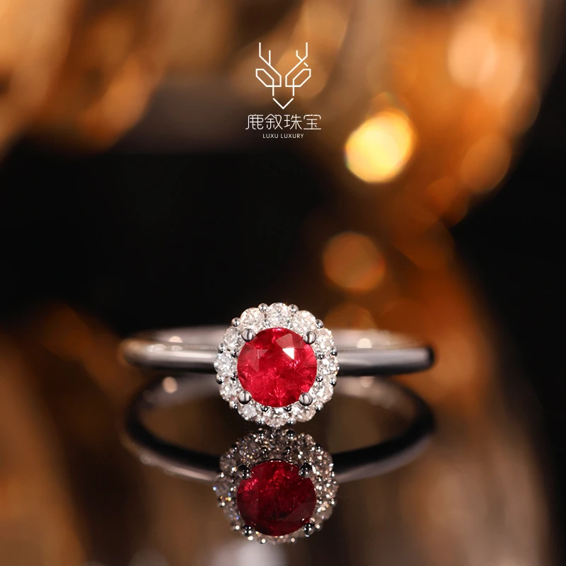 鹿叙珠宝 白露玫瑰 18K金镶红宝石钻石戒指经典百搭红色 J-HB0075