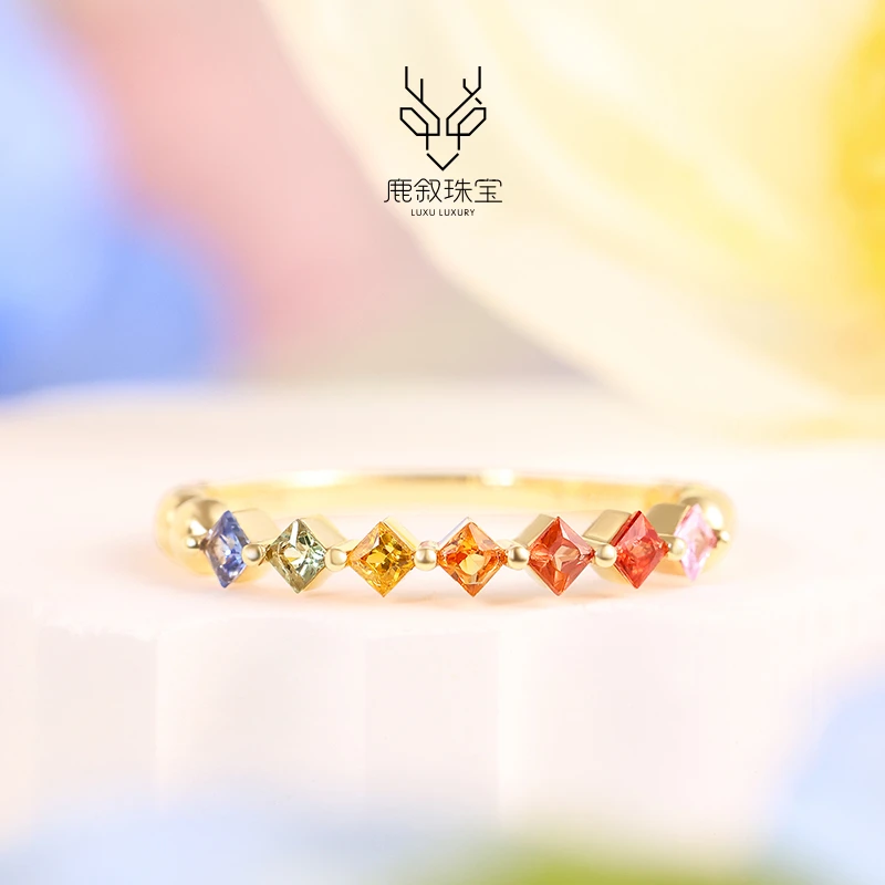 鹿叙珠宝 18K金镶彩蓝宝戒指气质排戒多样性发货 J-CLB33