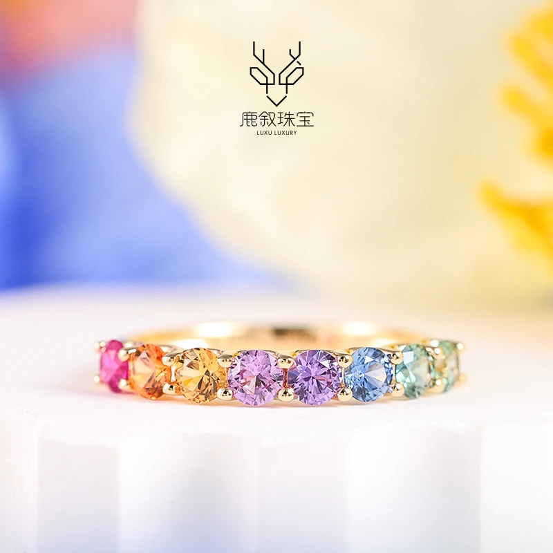 鹿叙珠宝 18K金镶彩蓝宝戒指气质排戒多样性发货 J-CLB104