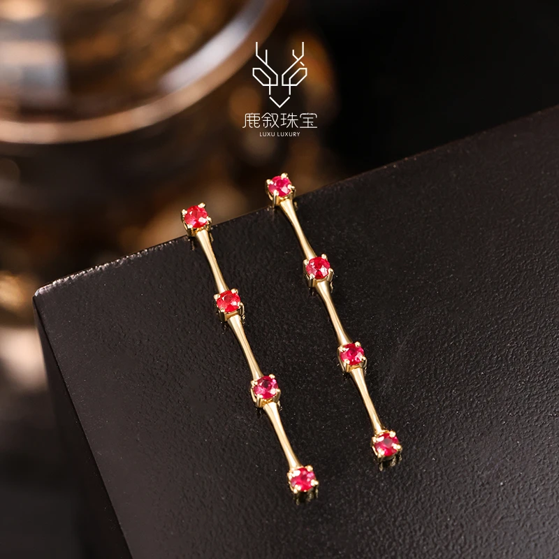 鹿叙珠宝18K金镶红宝石耳饰百搭镶嵌彩宝复古 E-HB113