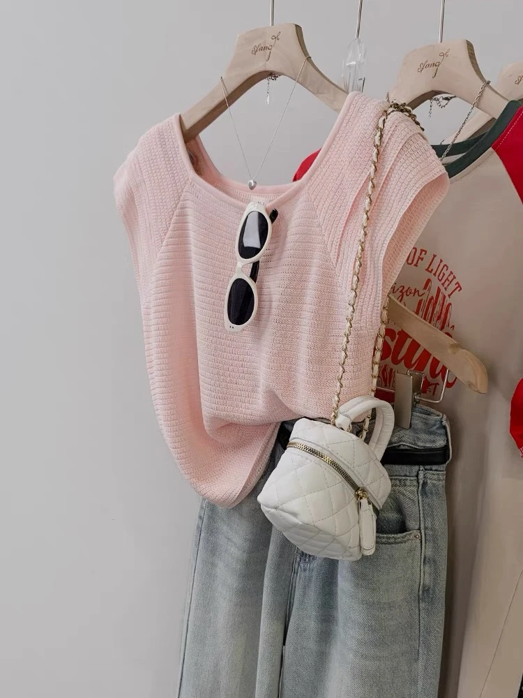 【现货】2025夏季新款纯色插肩袖短款冰丝针织衫短袖t恤女镂空上衣