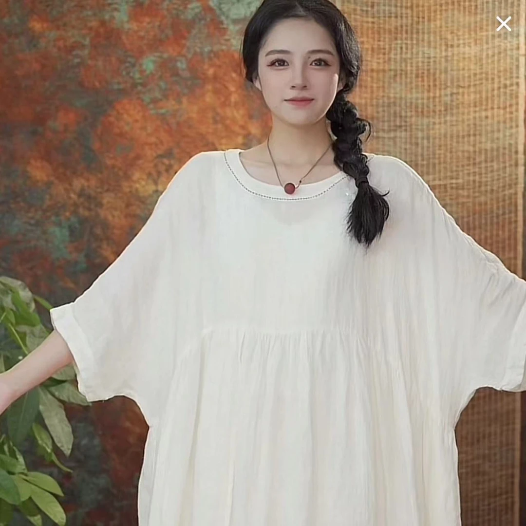 静一棉麻【清麦】纯色 圆领连衣裙