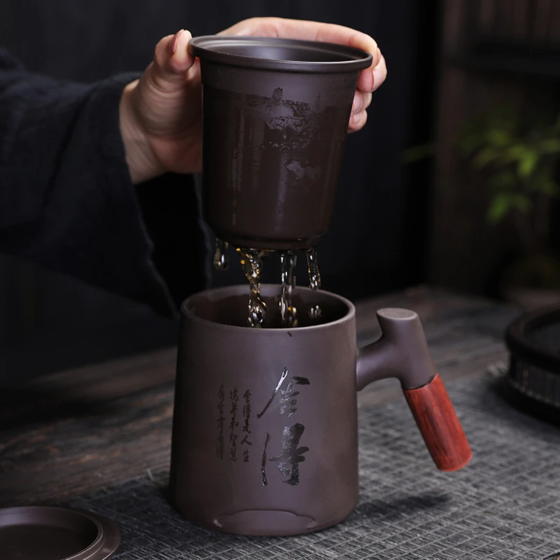 紫砂杯内胆过滤茶水分离泡茶壶杯男士办公带盖杯陶瓷杯子茶具水杯