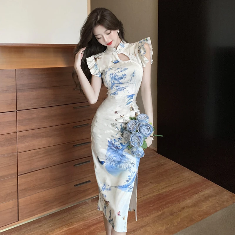 旗袍晚礼服高端轻奢小众小洋装聚会气质中国风小飞袖中长款连衣裙