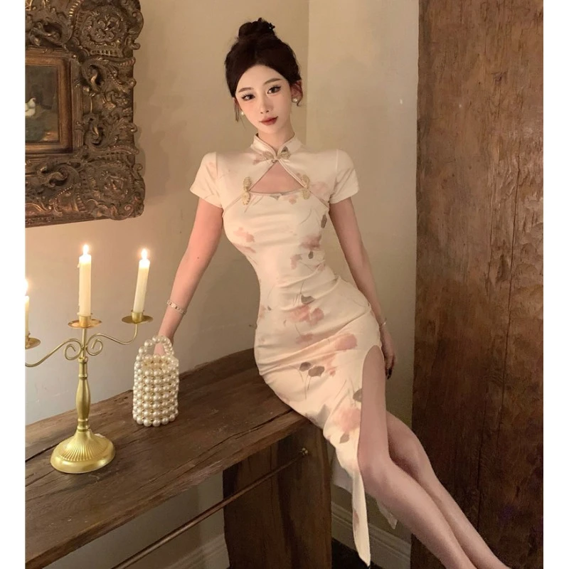 复古民国风新中式改良旗袍礼服高端精致性感开叉修身包臀连衣裙夏