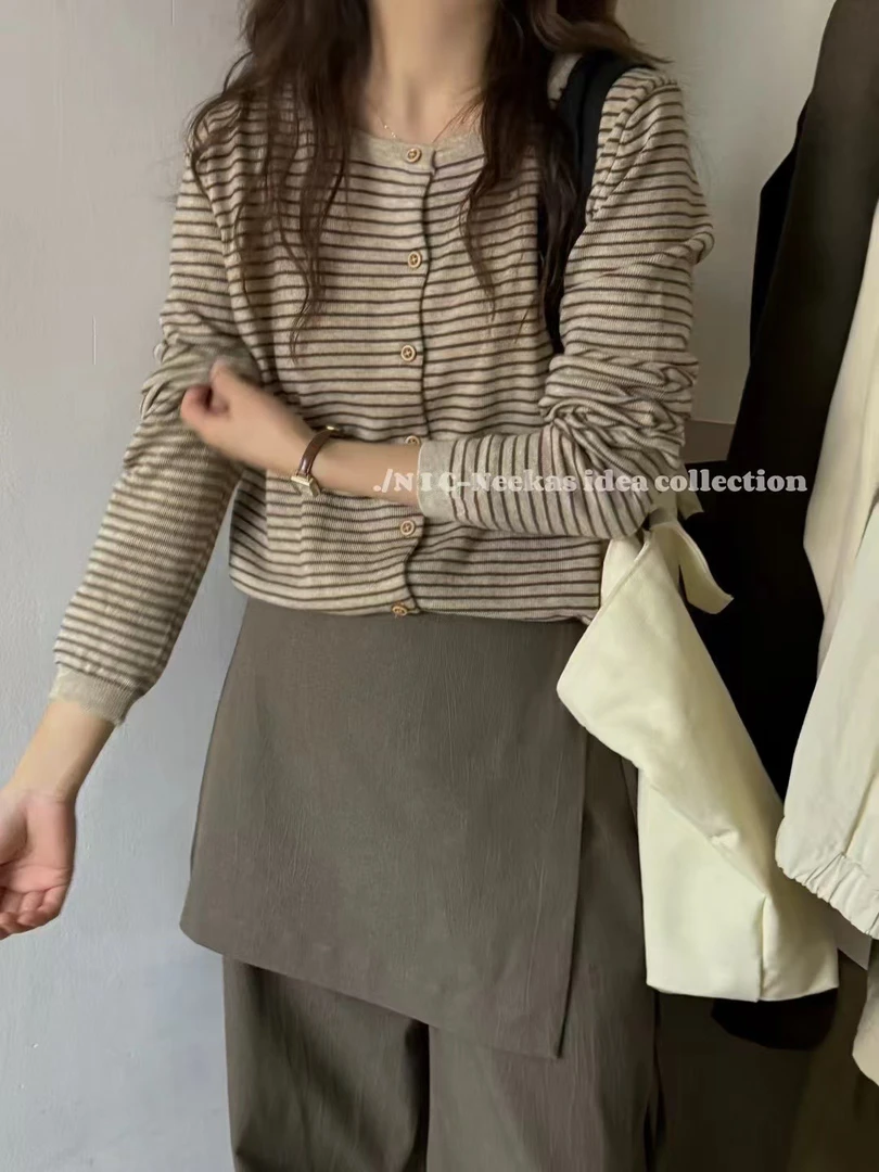 韩系撞色条纹针织开衫圆领百搭毛衣外套