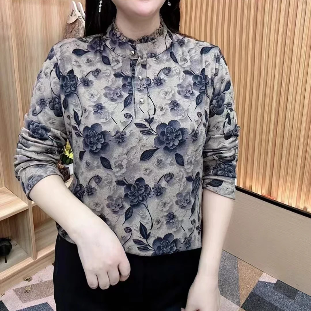 秋冬新款时尚花边领洋气小衫休闲显瘦妈妈装上衣打底衫