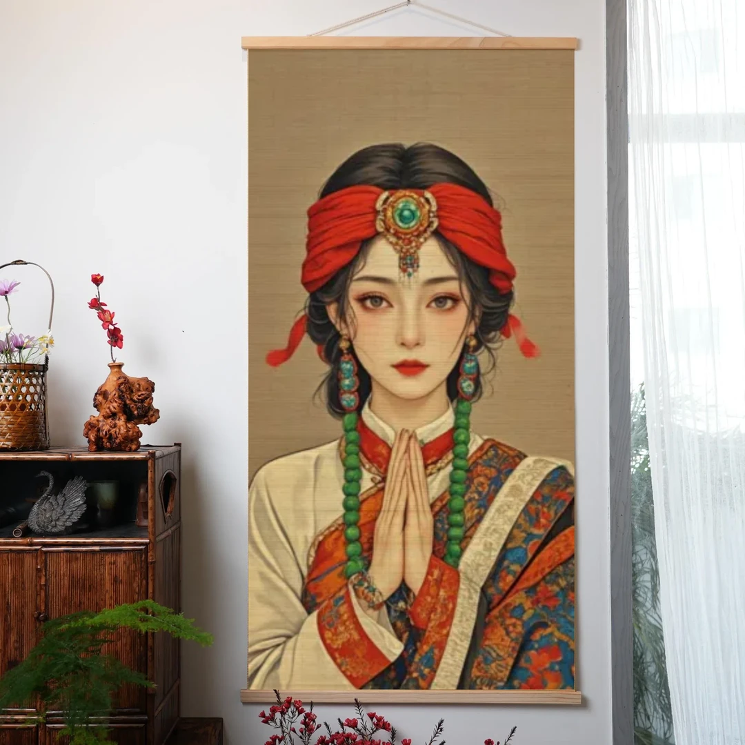 虔诚卓玛少女竹帘挂画茶室书房客厅沙发背景墙竹编挂画玄关装饰画