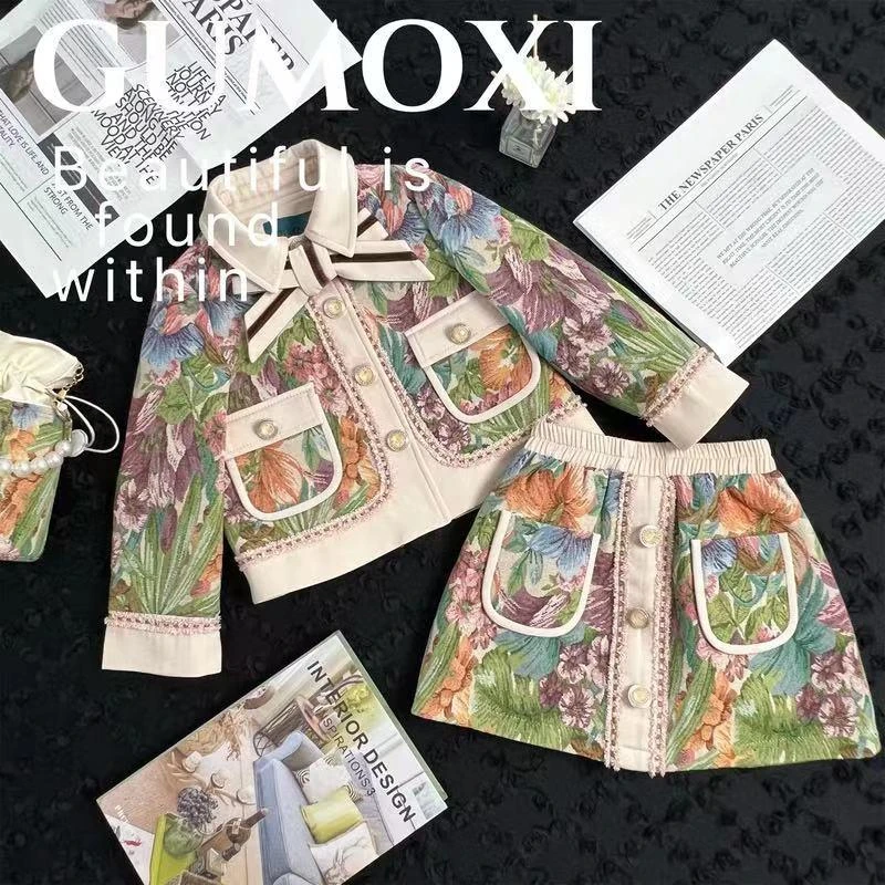 女童秋装复古套装2023新款儿童油画提花小香风外套半身裙两件套秋