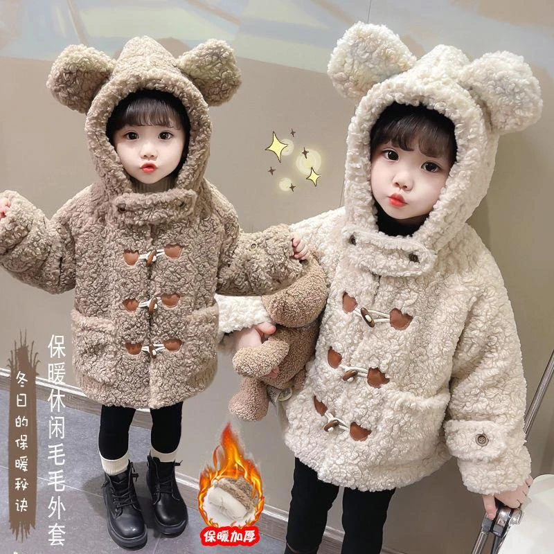 儿童冬季新款加厚外套女童冬款牛角扣小熊毛毛衣宝宝冬装潮款上衣