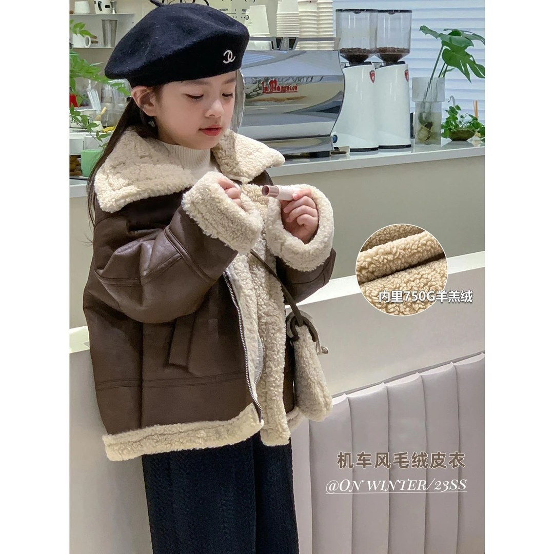 女童加绒皮衣2023秋冬装新款儿童加厚外套百搭上衣宝宝韩版潮大衣